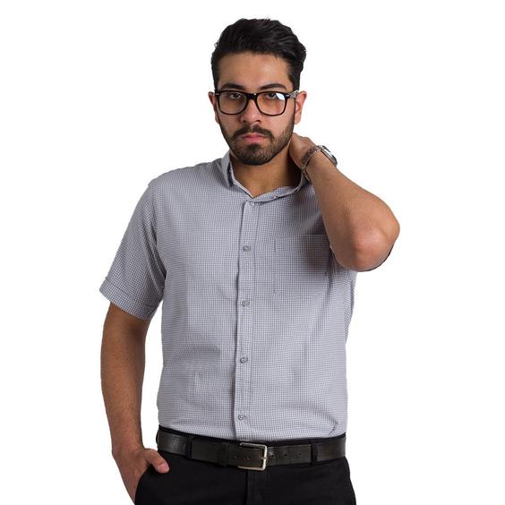 پیراهن پنبه ای مردانه آستین کوتاه طوسی سفید شطرنجی - کد T1111|پیشنهاد محصول