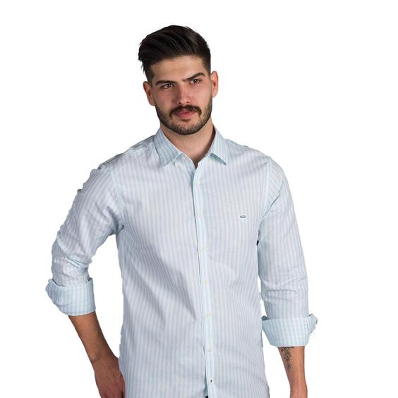 پیراهن پنبه ای مردانه سبزآبی سفید راه راه اگزیتکس Exitex - کد E2076|پیشنهاد محصول