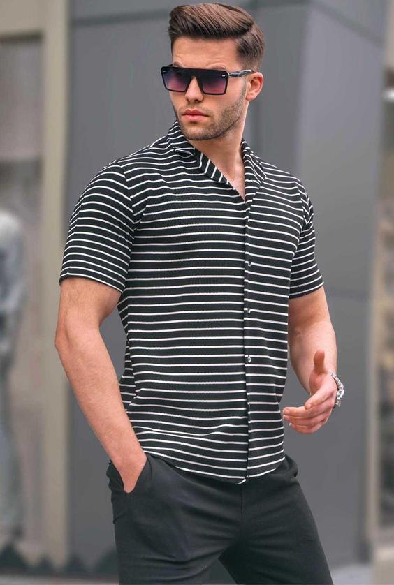 پیراهن اسلیم فیت آستین کوتاه راه‎راه مردانه مشکی برند Madmext کد 1685012480|پیشنهاد محصول