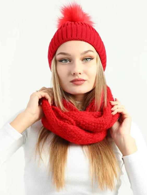 ست شال و کلاه بافتنی پوم دار زنانه قرمز|پیشنهاد محصول