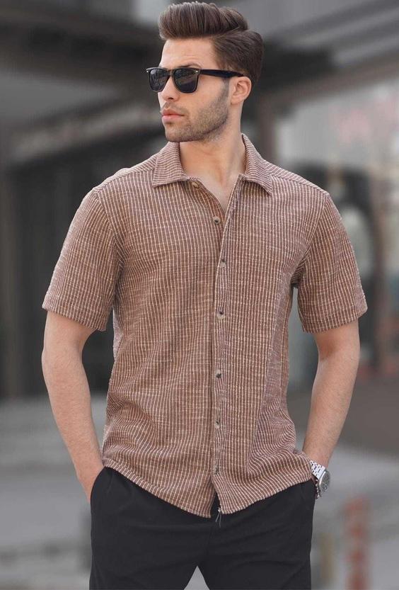 پیراهن آستین کوتاه راه‎راه مردانه قهوه‎ای برند Madmext کد 1685012500|پیشنهاد محصول