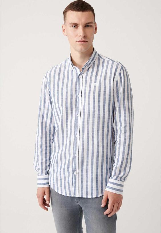 پیراهن دکمه‎دار یقه راه‎راه سفید-آبی مردانه برند Avva کد 1686815565|پیشنهاد محصول