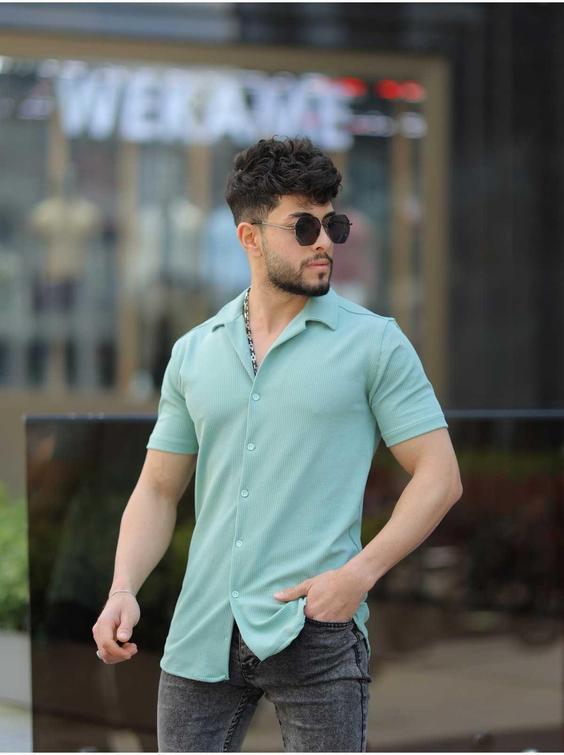 پیراهن یقه پنبه ای آستین کوتاه تابستانی طرح‎دار سبز نعنایی مردانه برند mavisima erkek giyimi کد 1687416854|پیشنهاد محصول