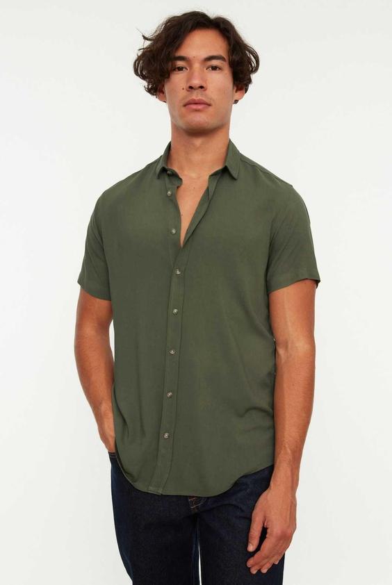 پیراهن متناسب ابریشم مصنوعی یقه تابستانی آستین کوتاه یشمی مردانه برند TRENDYOL MAN کد 1687424851|پیشنهاد محصول