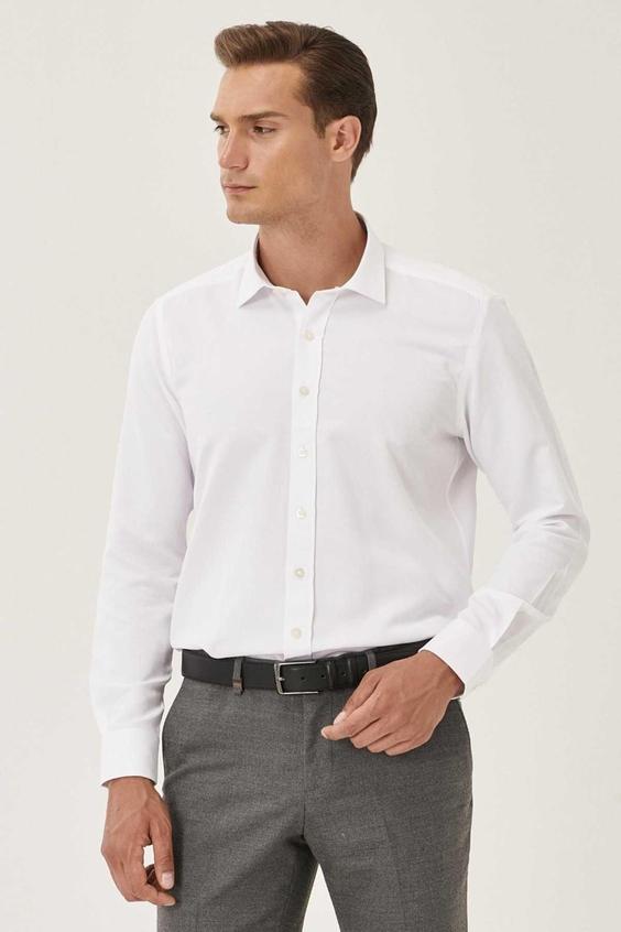 پیراهن برش اسلیم فیت یقه طرحدار سفید کلاسیک قالب تنگ مردانه برند AC&Co / Altınyıldız Classics کد 1687607525|پیشنهاد محصول