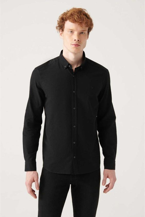 پیراهن برش راحت دکمه‎دار کتان یقه بافتنی 100پنبه مشکی برند Avva کد 1687607646|پیشنهاد محصول
