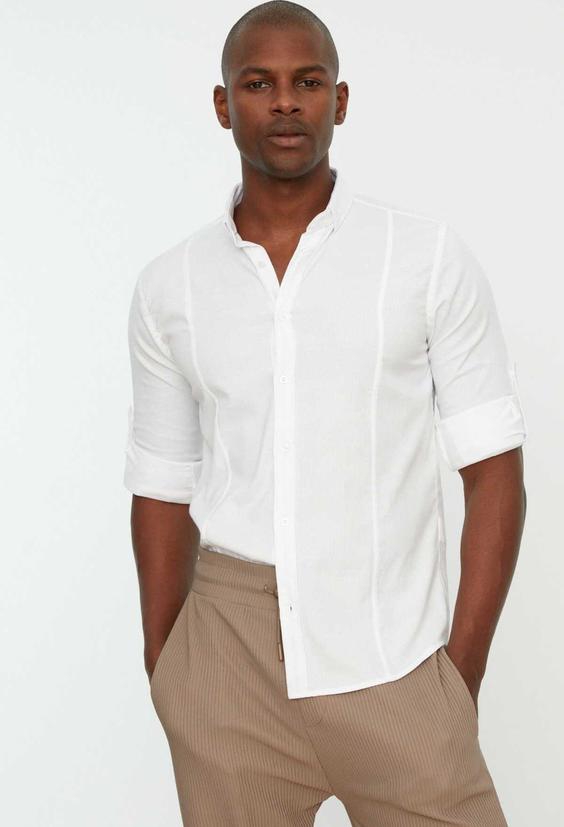 پیراهن دسته دار دکمه‎دار اسلیم فیت یقه سرشونه سفید راحت مردانه برند TRENDYOL MAN کد 1687607670|پیشنهاد محصول