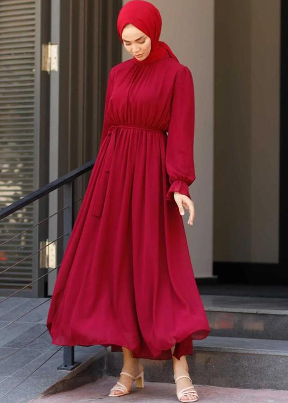 لباس مجلسی زنانه آستین بادکنکی چین دار قرمز برند saretex|پیشنهاد محصول