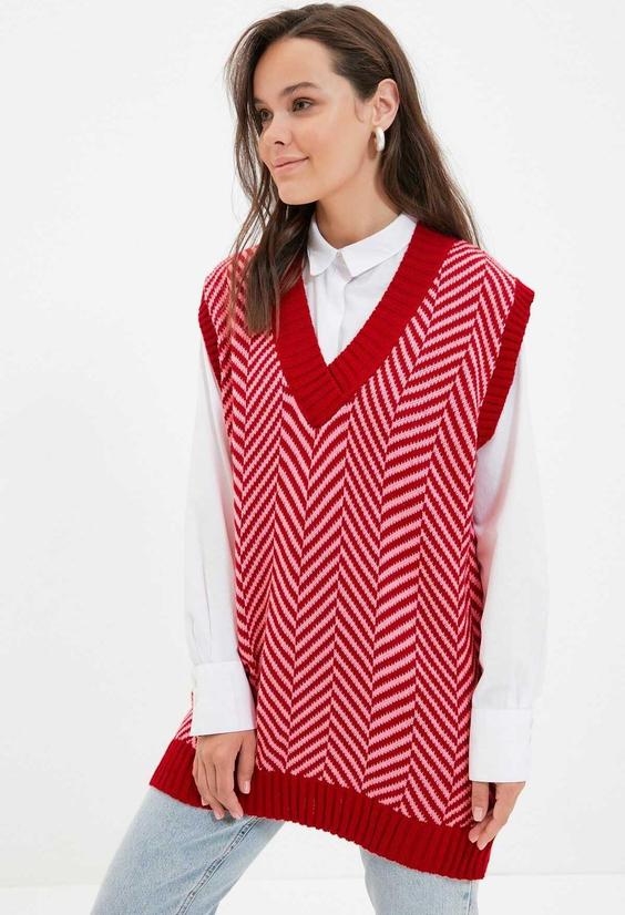 پلیور زنانه آستین کوتاه طرح دار قرمز برند Trendyol|پیشنهاد محصول
