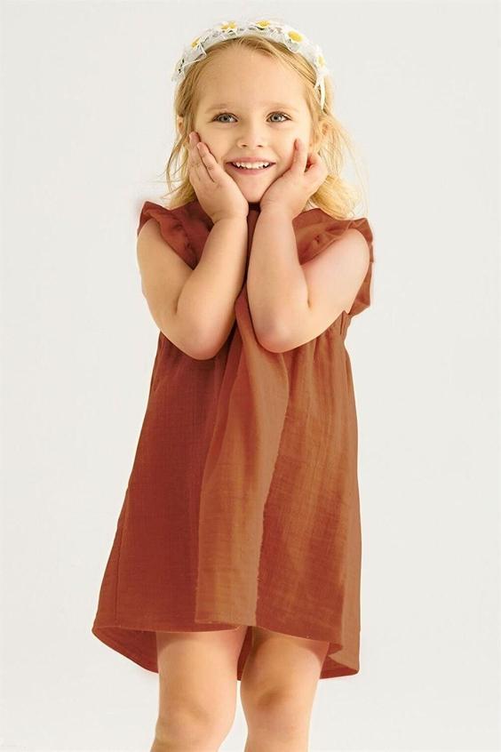 خرید اینترنتی پیراهن روزمره بچه گانه دخترانه قهوه ای برند Zepkids 1029166 ا Kız Çocuk Kahverengi Renkli Omuzları Fırfırlı Pileli Elbise|پیشنهاد محصول