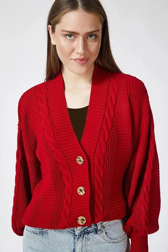 ژاکت بافتنی یقه V آستین بادکنکی زنانه قرمز برند Happiness İstanbul|پیشنهاد محصول