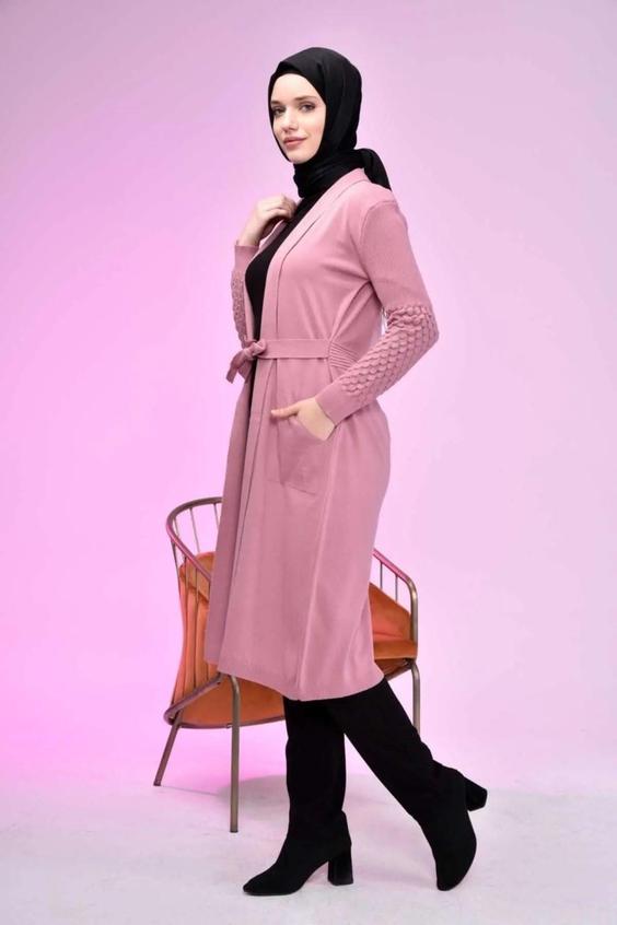 ژاکت کشباف زنانه کمربند دار بلند صورتی برند Ferace|پیشنهاد محصول