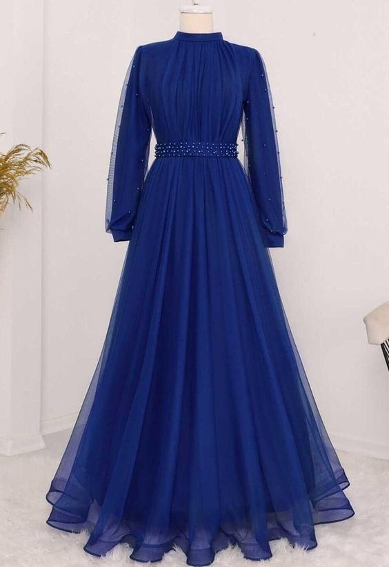 لباس مجلسی بلند زنانه چین دار مرواریدی آبی برند Modamorfo|پیشنهاد محصول