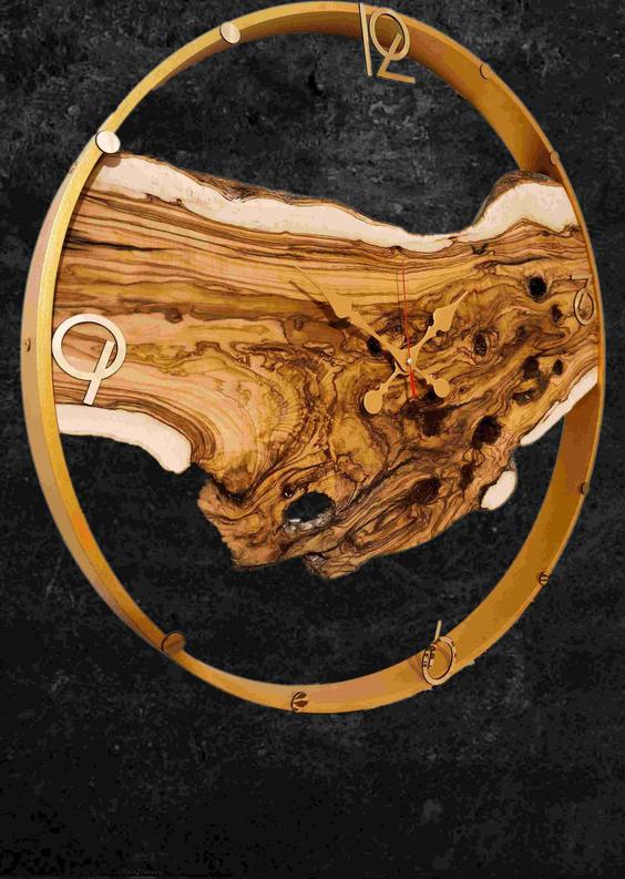 ساعت روستیک دیواری قطر50سانت رینگ طلایی چوب زیتون جنگلی ا Rustic wall clock, diameter 50 cm, gold ring, forest olive wood|پیشنهاد محصول