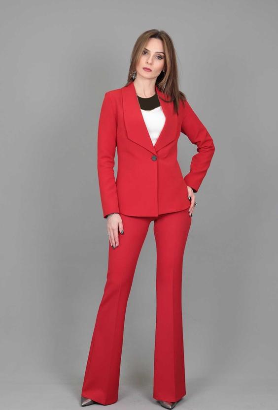 ست کت کوتاه یقه V تک دکمه - شلوار دمپا گشاد لوکس زنانه قرمز برند ÖNDER ÖZSOY|پیشنهاد محصول