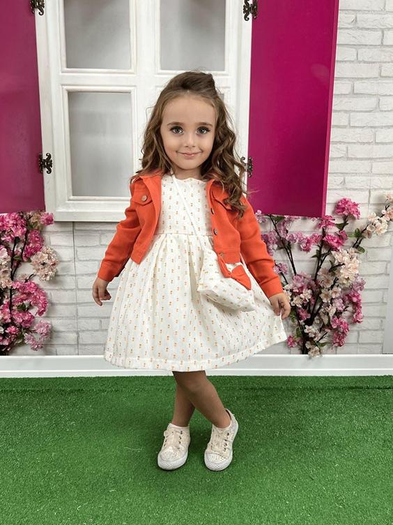 خرید اینترنتی پیراهن رسمی نوزادی دخترانه نارنجی برند LUGGİ BABY LG3374 ا Bisiklet Yaka Kolsuz Kız Çocuk Elbise Ceket ve Çanta 3’lü Takım|پیشنهاد محصول