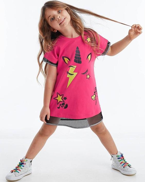 خرید اینترنتی پیراهن روزمره بچه گانه دخترانه صورتی برند Mushi MS-20Y1-016 ا Unicorn Rock Fuşya Kız Elbise|پیشنهاد محصول