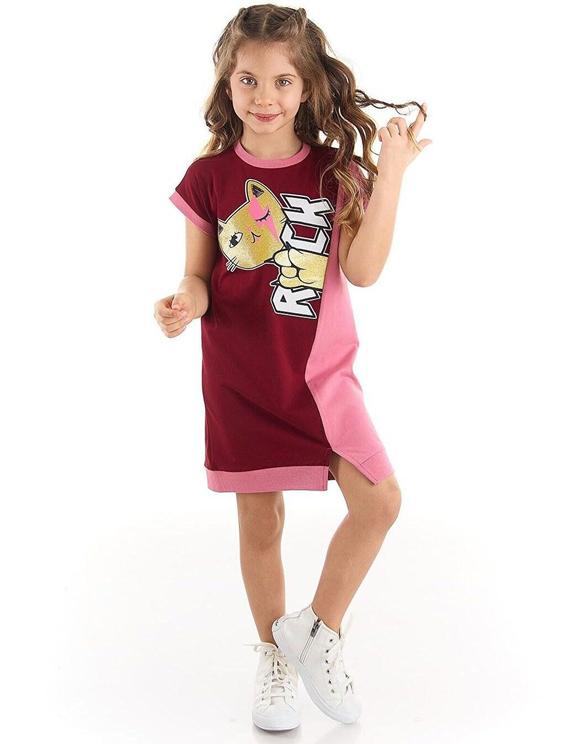 خرید اینترنتی پیراهن روزمره بچه گانه دخترانه زرشکی برند Mushi MS-22Y2-006 ا Rock Kedi Kız Elbise|پیشنهاد محصول