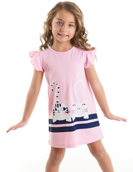 خرید اینترنتی پیراهن روزمره بچه گانه دخترانه صورتی برند Denokids CFF-22Y1-031 ا Çizgili Dostlar Elbise|پیشنهاد محصول