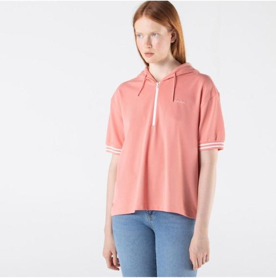 خرید اینترنتی سوییشرت زنانه صورتی لاکوست PF2203 ا Kadın Pembe Loose Fit Kısa Kollu Kapüşonlu Polo Yaka T-Shirt|پیشنهاد محصول