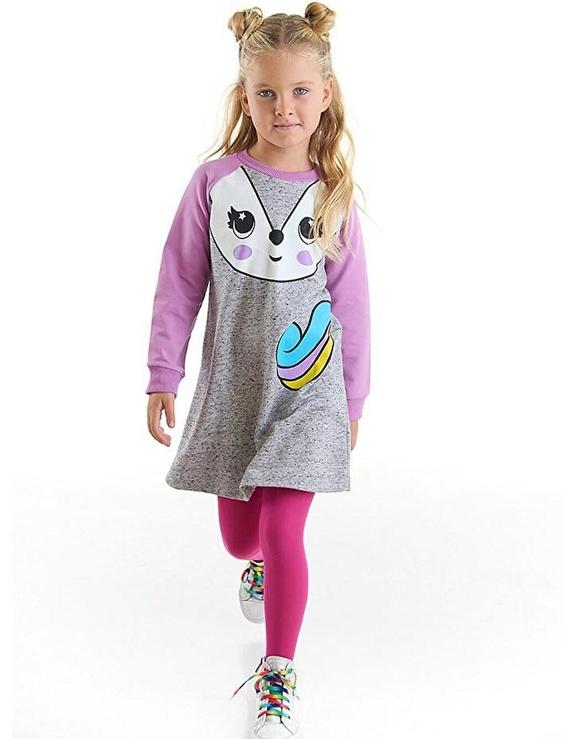 خرید اینترنتی پیراهن روزمره بچه گانه دخترانه طوسی برند Denokids CFF-22K1-031 ا Unicorn Fox Kız Çocuk Elbise|پیشنهاد محصول