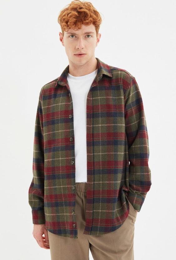 پیراهن معمولی مردانه خاکی یقه بدون جیب پیراهن چهارخانه TMNAW21GO0024|پیشنهاد محصول