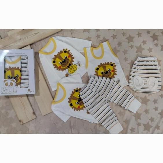 سایز صفر نوزادی پنج تکه نوزادی جعبه ای ست لباس و شلوار و رکابی و شرت طرح شیر |باسلام (سرای روژان)