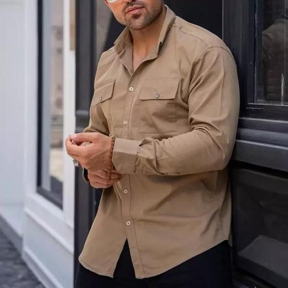  پیراهن کتان دوجیب آستین بلند رنگ خاکی |باسلام (مردانه زودکالا)