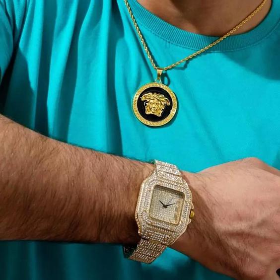 ست ساعت مچی فول نگین کاری و پلاک طرح ورساچ versace نگین کاری شده رنگ ثابت کد mp|باسلام