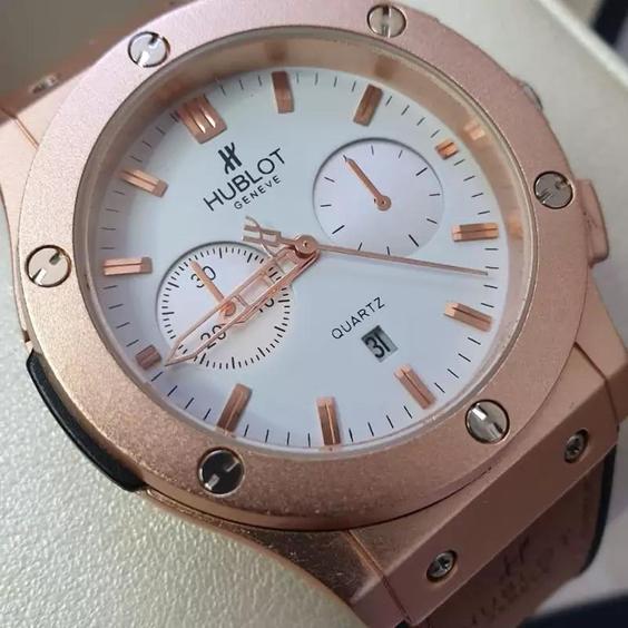 ساعت مچی مردانه هابلوت بند رابر  قهوه ای قاب استیل صفحه  سفید  HUBLOT |باسلام