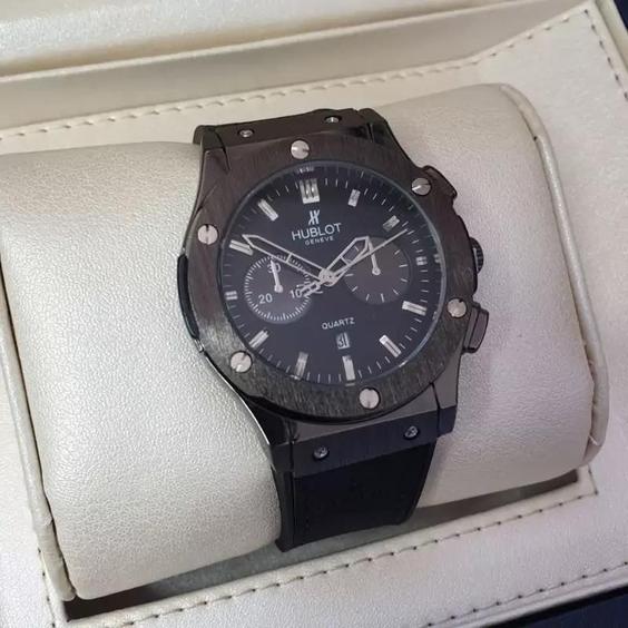 ساعت مچی مردانه هابلوت بند رابر مشکی  قاب استیل صفحه  مشکی HUBLOT |باسلام