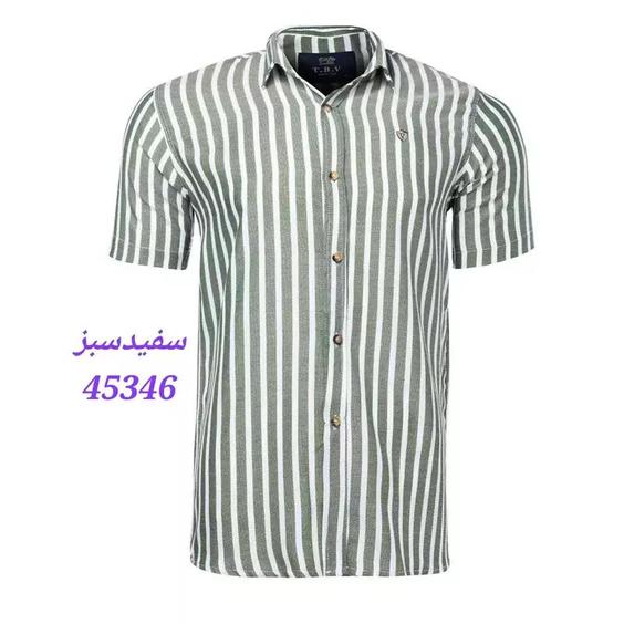 پیراهن اسپرت کنفی مردانه آستین کوتاه راه راه  رنگ سفید سبز 45346 سایز L، XL، XXL، XXXL یقه برگردان نحوه بسته شدن دکمه-ای|باسلام