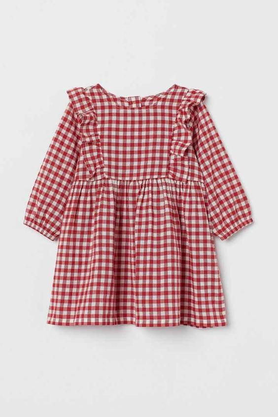 پیراهن چهارخونه اچ اند ام دخترانه Patterned flounced dress - Red/White|فروشگاه پروانه