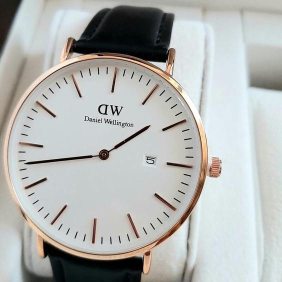 ساعت مچی دنیل ولینگتون Daniel Wellington مردانه دی دبلیو بند چرمی مشکی قاب رز گلد صفحه سفید  ساعت عبدی|باسلام