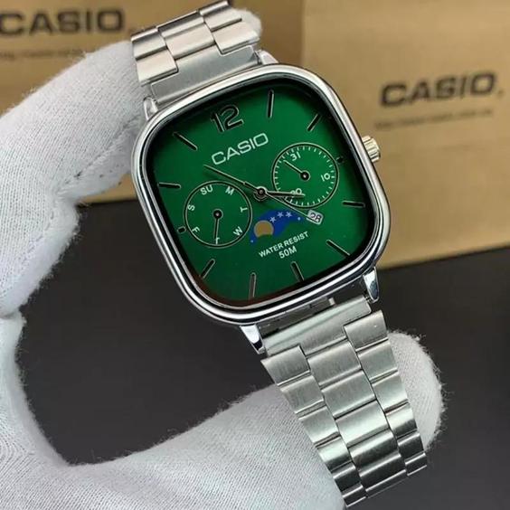 ساعت مچی مردانه کاسیو مربعی casio کلاسیک بند استیل نقره ایی صفحه نمایش سبز موتور ژاپن طرح دو موتوره تقویم دار کد2812|باسلام