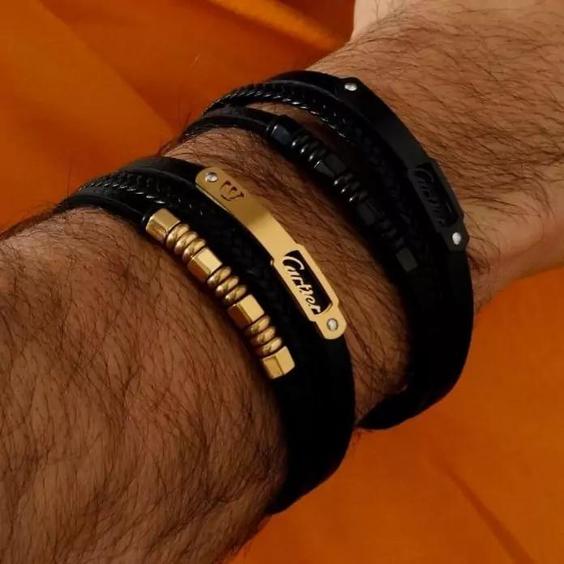 دستبند چرم طبیعی مردانه 3 لاین کارتیر CARTIER قفل و پلاک استیل رنگ کاملا ثابت کد1 MP|باسلام