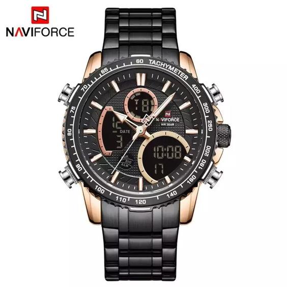 ساعت مردانه بنداستیل دو زمانه مشکی طلایی برند Naviforce 9182|باسلام