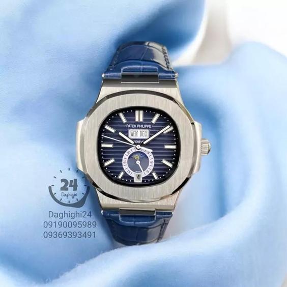 ساعت مچی پتک فیلیپ ناتیلوس تقویم سالانه نقره ای صفحه سرمه ای بند چرمی patek philippe nautilus|باسلام