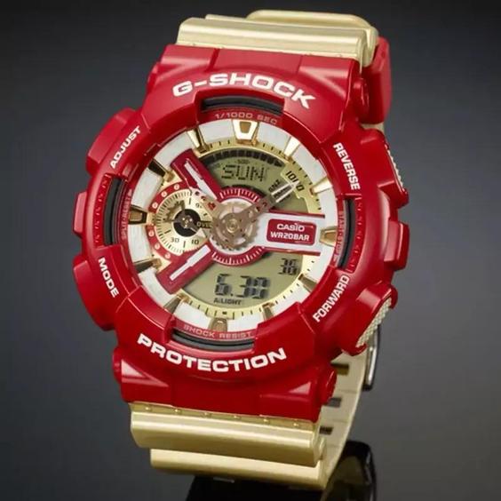 ساعت  مچی جی شاک GA110 طلایی قرمز  (جیشاک GShock) ، صد در صد ضدآب ، تنظیم اتوماتیک با پایتخت کشورها ، اتولایت دار|باسلام