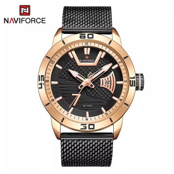 ساعت مردانه اورجینال برند اسکمی -کد :naviforce 9155 - رزگلد مشکی|باسلام