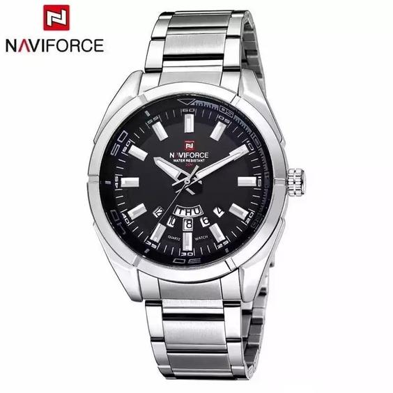 ساعت مردانه بنداستیل صفحه مشکی برند Naviforce 9038|باسلام