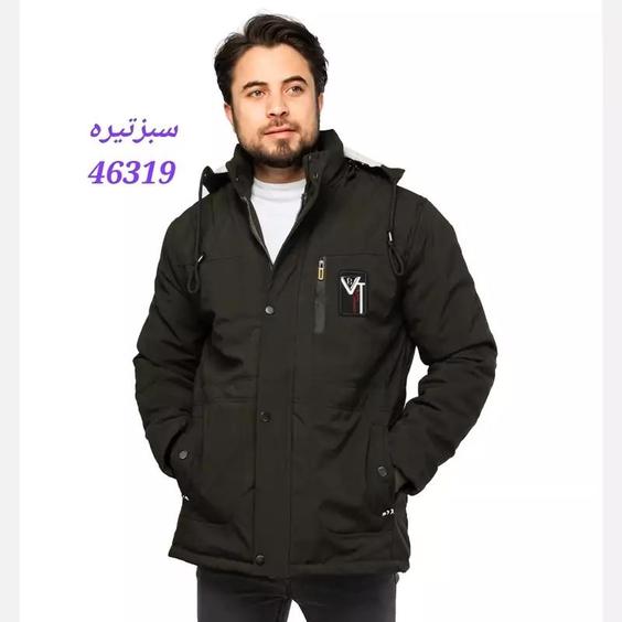 کاپشن برزنتی مردانه کلاه دار  آستین بلند رنگ سبز 46318 سبزتیره 46319 سایز L، M، XL، XXL یقه ایستاده طرح پارچه ساده |باسلام