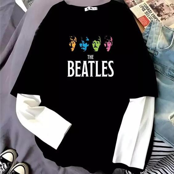 بلوز نخی پنبه ای مشکی با آستین سفید طرح بیتلز - beatles پسرانه و دخترانه |باسلام (تولیدی هودورس)