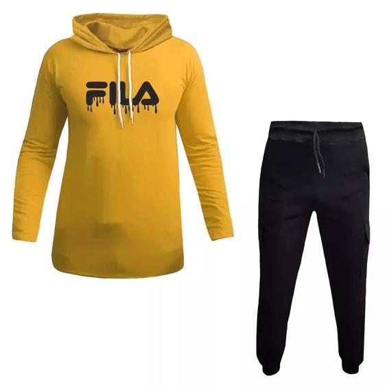 ست هودی کلاه دار مردانه زرد آستین بلند مدل FILA|باسلام