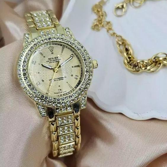 ساعت مچی زنانه بند نگینی قفل دستبندی Rolex|باسلام