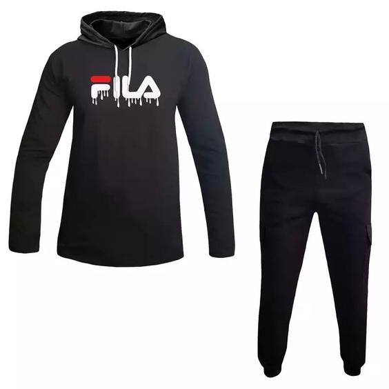 ست هودی کلاه دار مردانه مشکی آستین بلند مدل FILA|باسلام