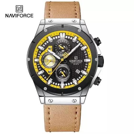 ساعت مچی مردانه نیوی فورس Naviforce NF 8027 S/B/BN سه موتوره بند چرم رنگ کرمی|باسلام