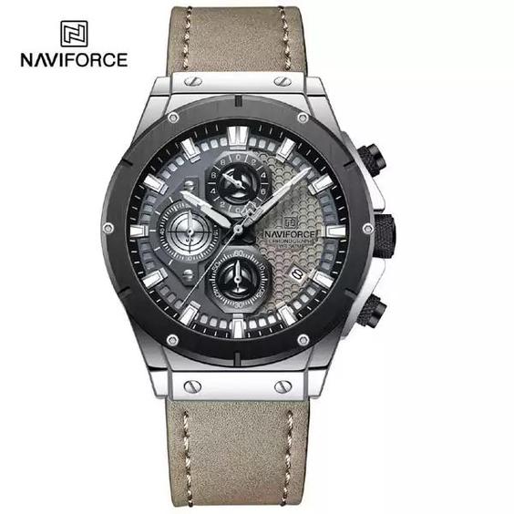  ساعت مچی مردانه نیوی فورس Naviforce NF 8027 S/GY/GY سه موتوره بند چرم |باسلام