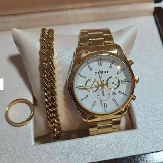 ساعت مردانه کاسیو Casio طرح سه موتور طلایی همراه دستبند کارتیر و حلقه رینگ|باسلام