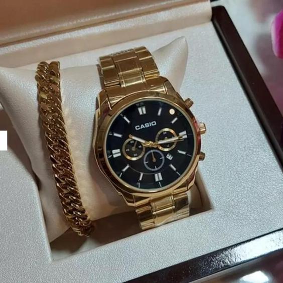 ساعت مچی مردانه کاسیو Casio طرح سه موتور طلایی همراه دستبند کارتیر|باسلام